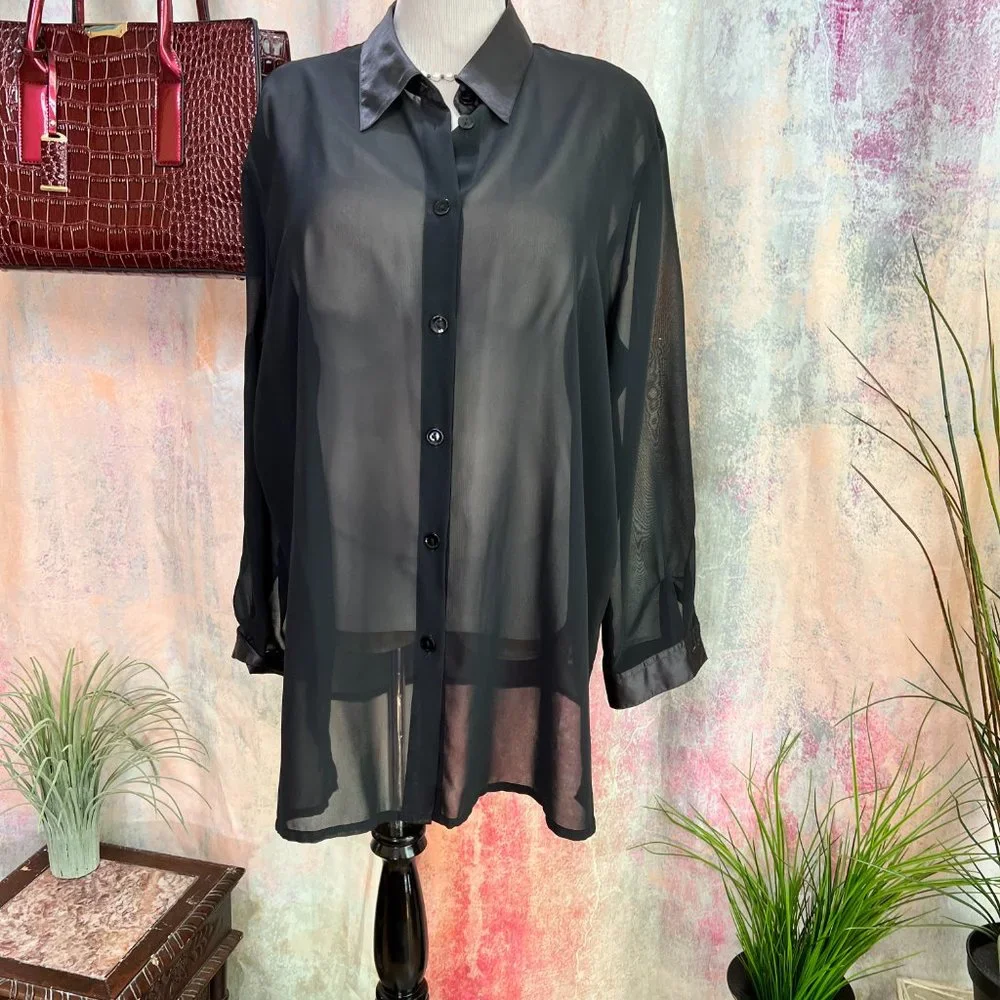 VTG📌 Chiffon Button Down Blouse with Satin Collar & Cuffs - Picture 3 of 16